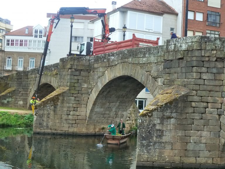Traballos de limpeza da Ponte Medieval de Monforte