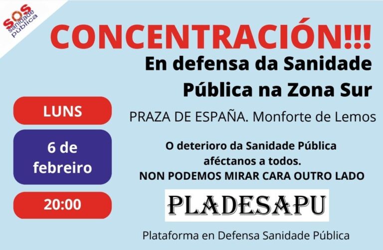 Este luns 6, ás 20h na praza de España de Monforte, concentración en protesta polo desmantelamento da sanidade