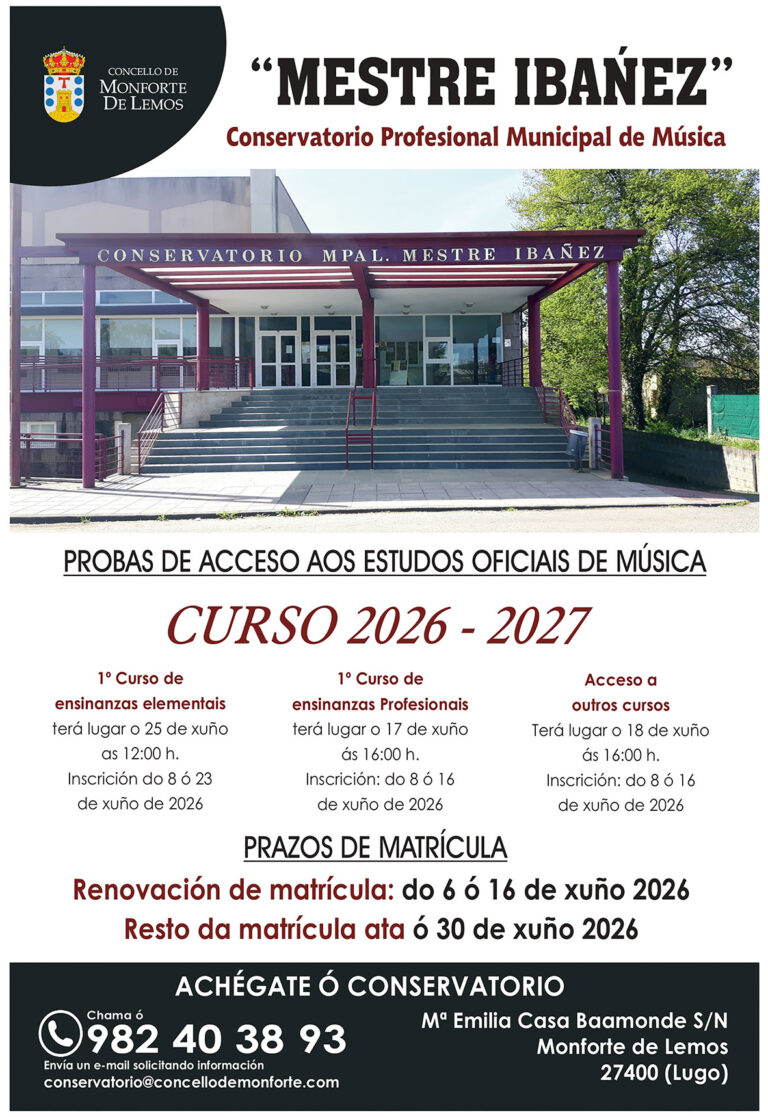 Aberto o prazo de inscrición para as probas de acceso e matrícula no Conservatorio Municipal de Música para o curso 2026-2027